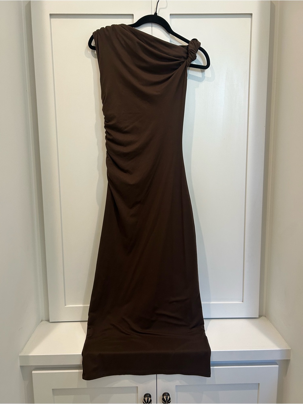 H&M Chocolate Brown One Shoulder Ruched Maxi Dress Size S